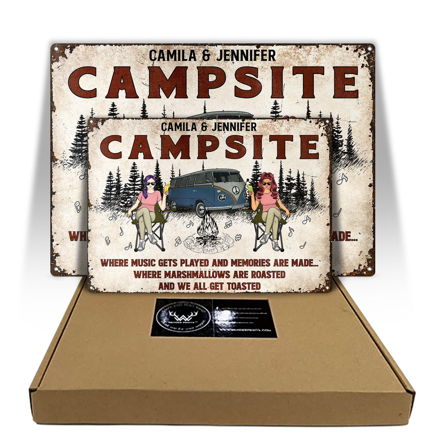 Family Couple Camping Firepit Where Music Gets Played - Personalized Custom Classic Metal Signs