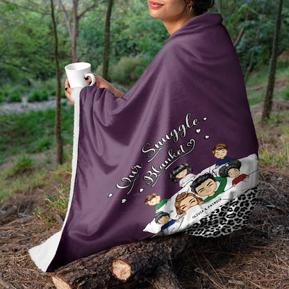 Couple Chibi You, Me & The Kids Snuggle Blanket - Gift For Family, Couple - Personalized Custom Fleece Blanket