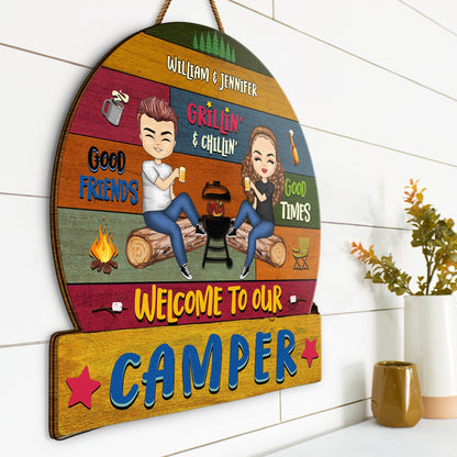 Camping Couple Welcome To Our Campsite - Gift For Camping Couple - Personalized Custom Shaped Wood Sign