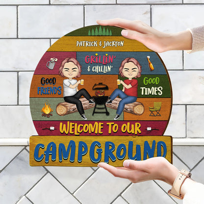 Camping Couple Welcome To Our Campsite - Gift For Camping Couple - Personalized Custom Shaped Wood Sign