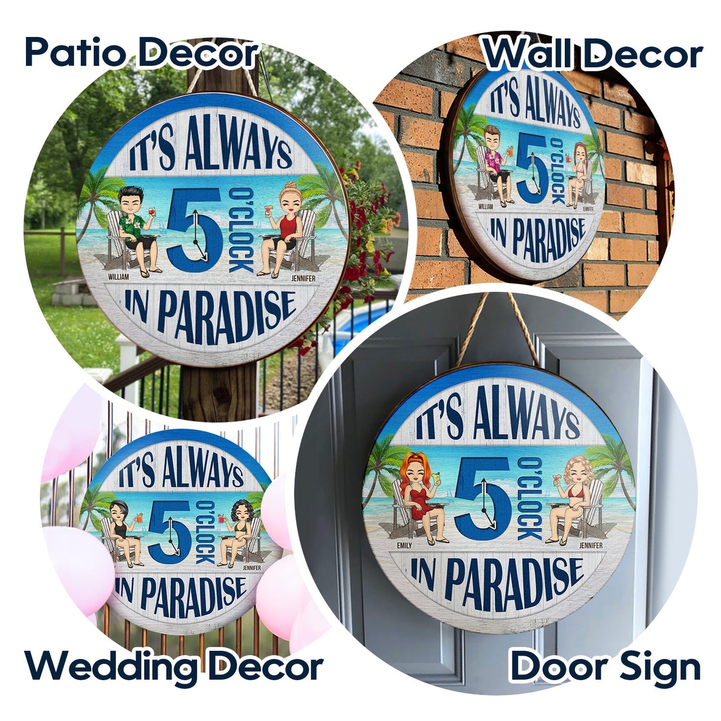Beach Always 5 O'Clock In Paradise - Gift For Couples - Personalized Custom Wood Circle Sign