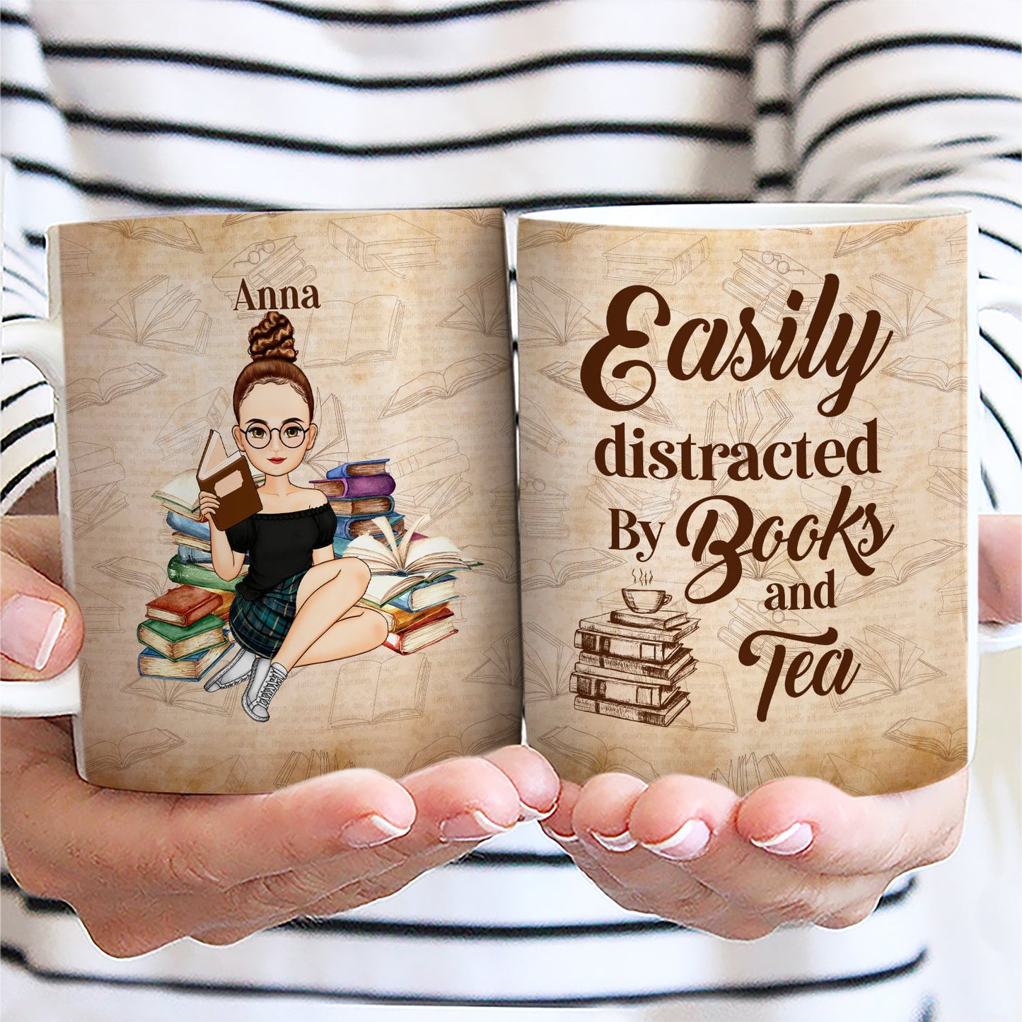 Reading Easily Distracted By Books & Coffee - Gift For Reading - Personalized White Edge-to-Edge Mug