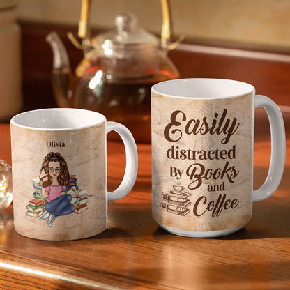 Reading Easily Distracted By Books & Coffee - Gift For Reading - Personalized White Edge-to-Edge Mug