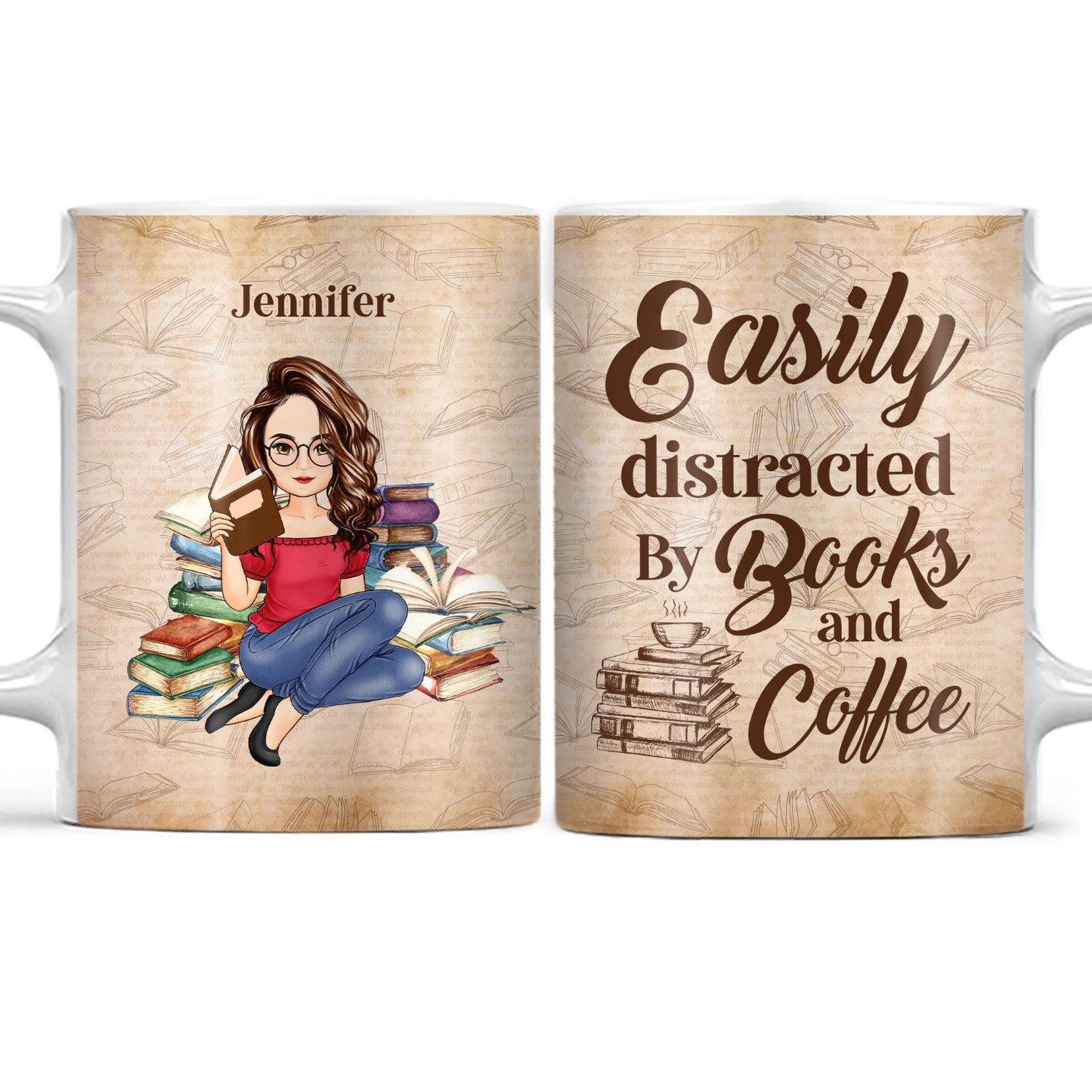 Reading Easily Distracted By Books & Coffee - Gift For Reading - Personalized White Edge-to-Edge Mug