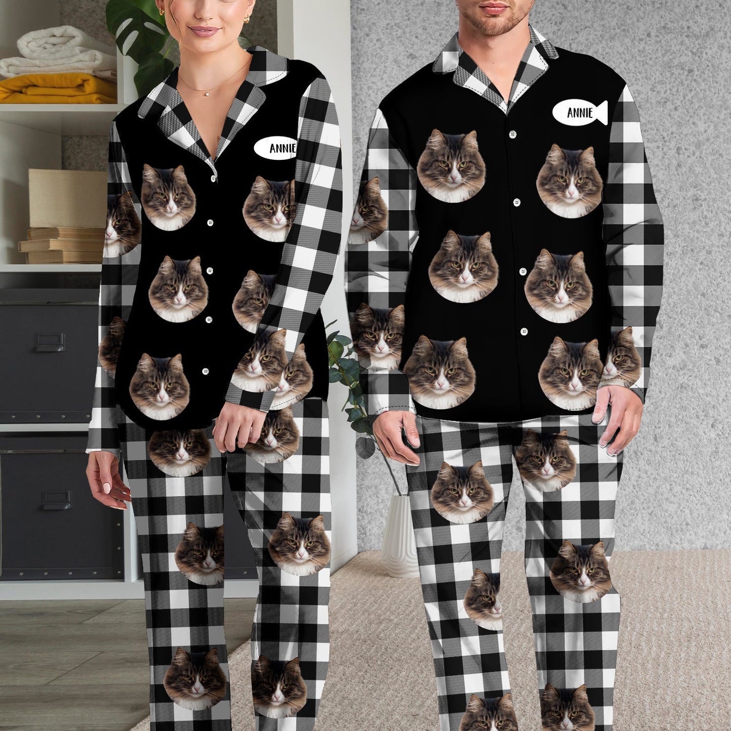 Custom Photo Family Dog Cat Face - Gift For Pet Lovers, Family Members - Personalized Long Pajamas Set