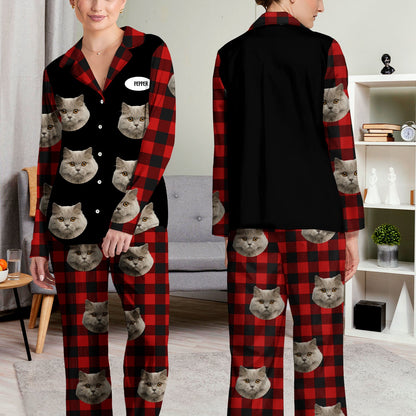 Custom Photo Family Dog Cat Face - Gift For Pet Lovers, Family Members - Personalized Long Pajamas Set