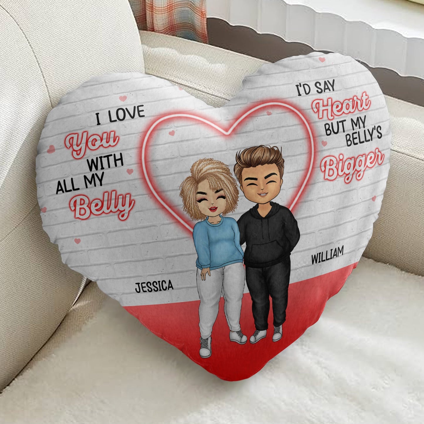 My Belly Is Bigger - Gift For Couples - Personalized Heart Shaped Pillow