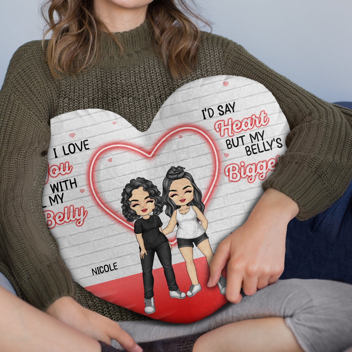 My Belly Is Bigger - Gift For Couples - Personalized Heart Shaped Pillow