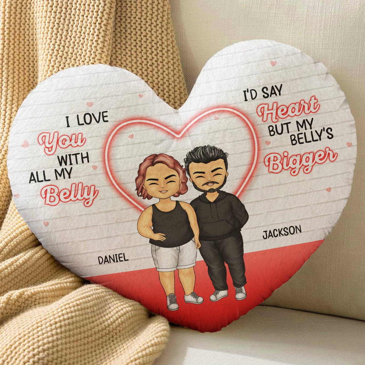 My Belly Is Bigger - Gift For Couples - Personalized Heart Shaped Pillow