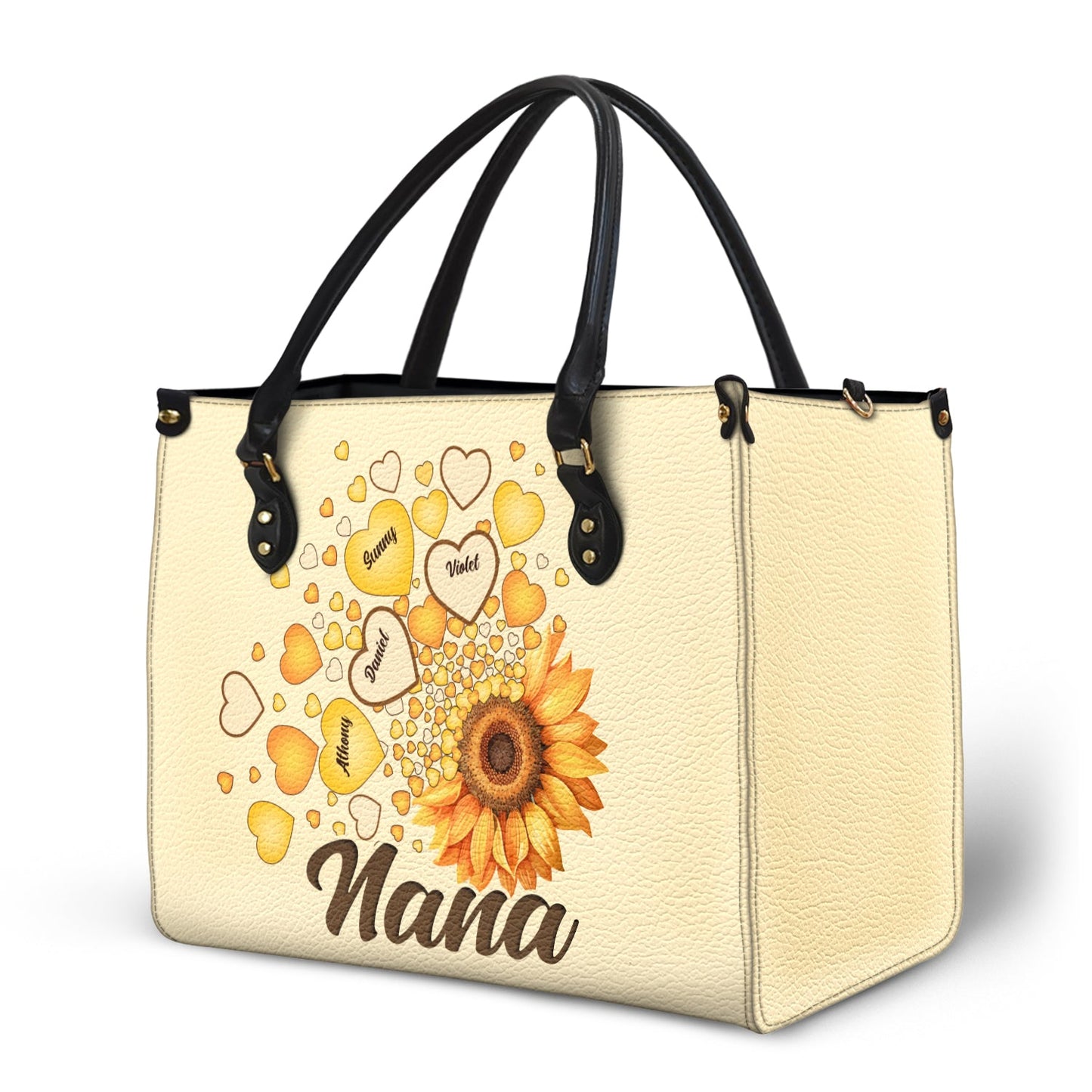 Grandma Mom Kids Sunflower - Gift For Mother, Grandmother - Personalized Leather Bag
