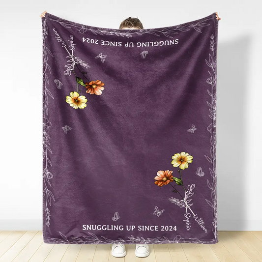 Birth Flower Snuggling Up - Personalized Fleece Blanket, Sherpa Blanket