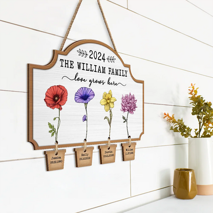 Birth Flower Love Grows Here - Personalized Custom Shaped Wood Sign With Wooden Tags