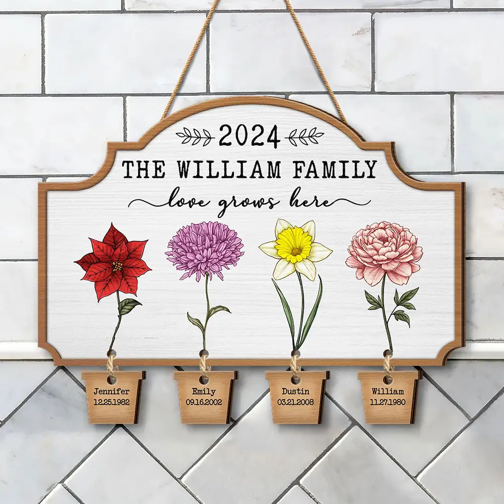 Birth Flower Love Grows Here - Personalized Custom Shaped Wood Sign With Wooden Tags