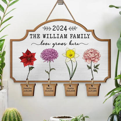 Birth Flower Love Grows Here - Personalized Custom Shaped Wood Sign With Wooden Tags