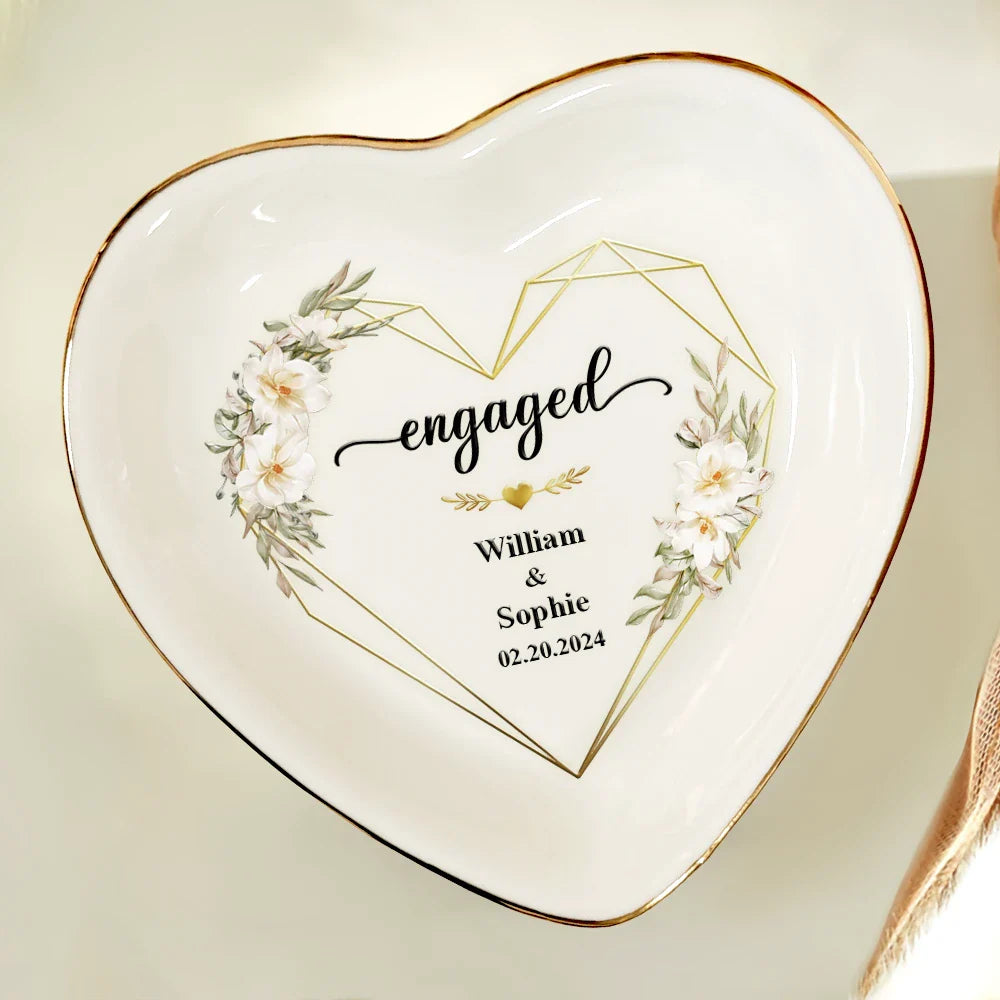 Engaged Married Couple Flower - Personalized Heart Ring Dish