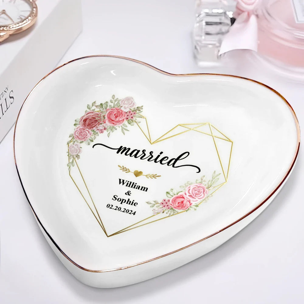 Engaged Married Couple Flower - Personalized Heart Ring Dish
