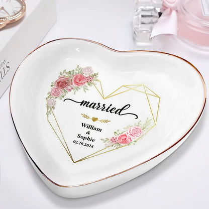 Engaged Married Couple Flower - Personalized Heart Ring Dish