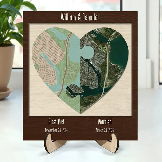 Location Map Couple Anniversaries - Personalized 2-Layered Wooden Plaque With Stand