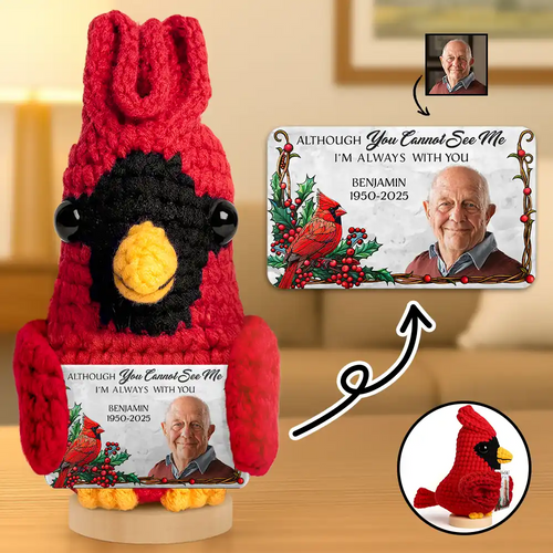 Custom Photo Memorial Although You Cannot See Me - Personalized Doll Crochet With Custom Card