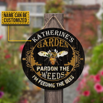 Gardening Bee Pardon The Weeds Custom Wood Circle Sign
