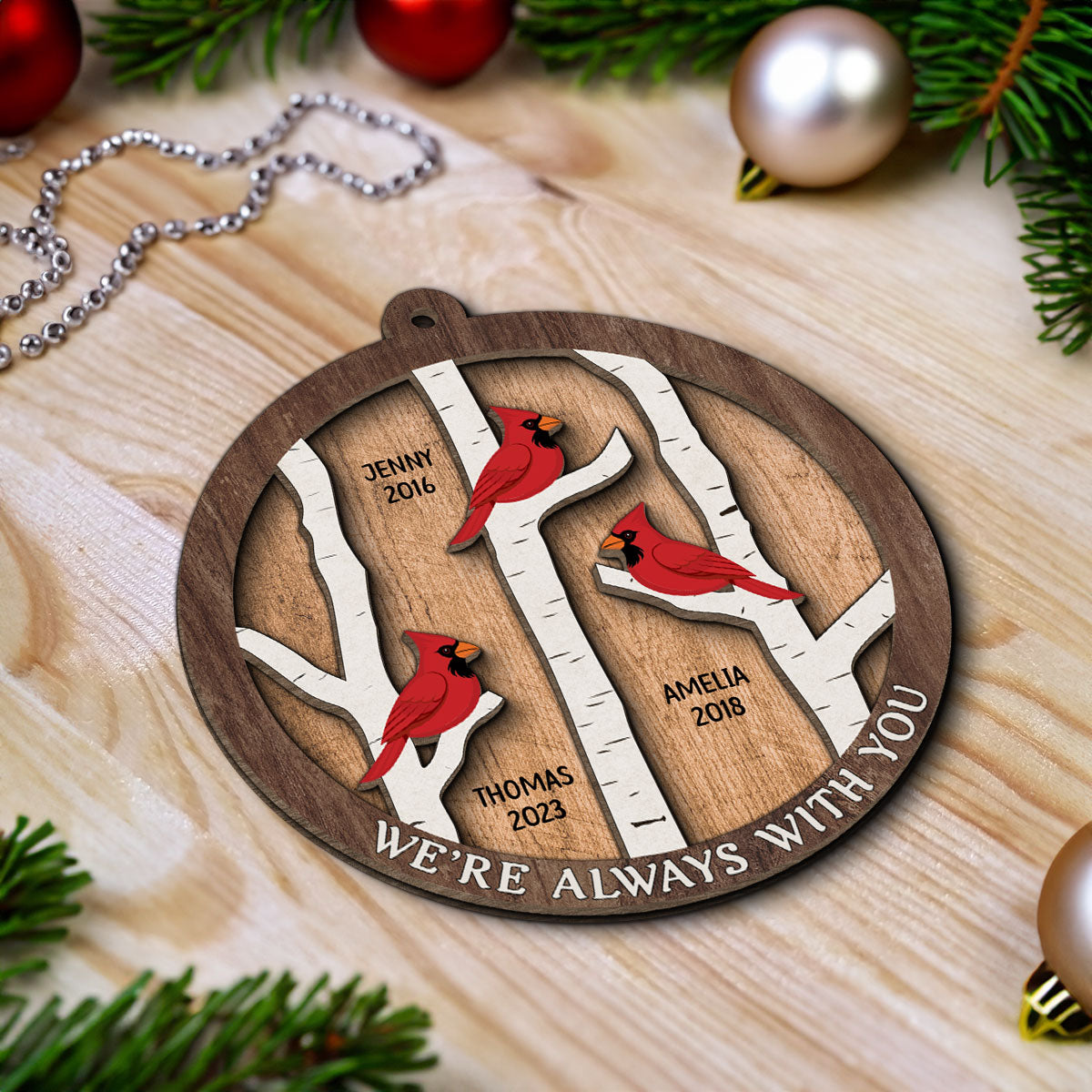 Cardinals Birch Tree Christmas Memorial Personalized 2-Layer Wooden Ornament, Sympathy Gift, Memorial Gift