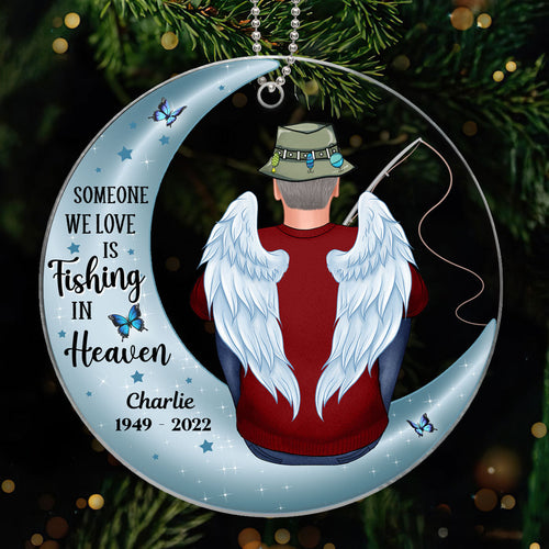 Fishing In Heaven Memorial Keepsake Moon Personalized Acrylic Ornament