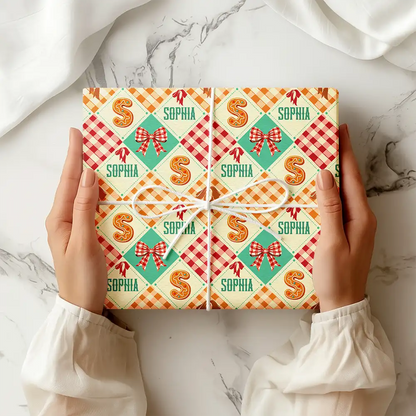 Gingerbread Initial Custom Name With Bow And Plaid - Personalized Wrapping Paper