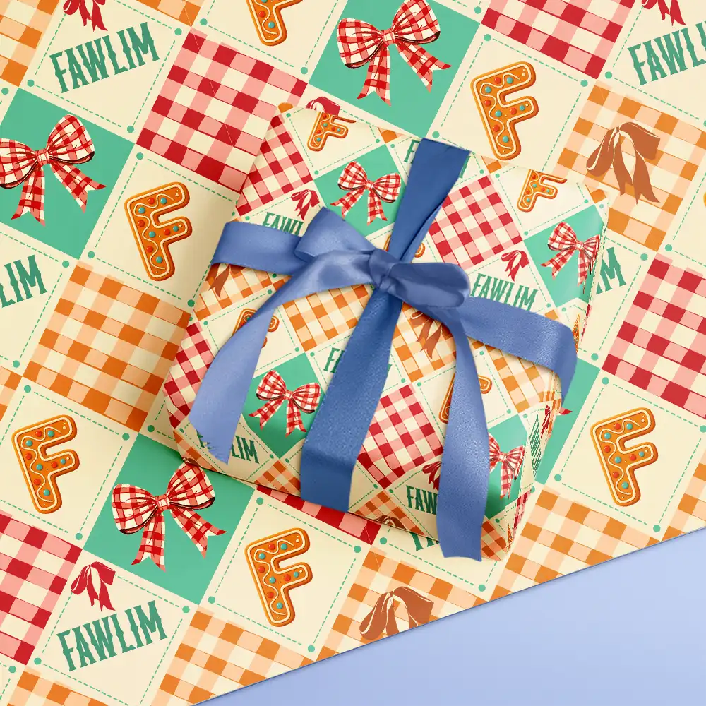 Gingerbread Initial Custom Name With Bow And Plaid - Personalized Wrapping Paper