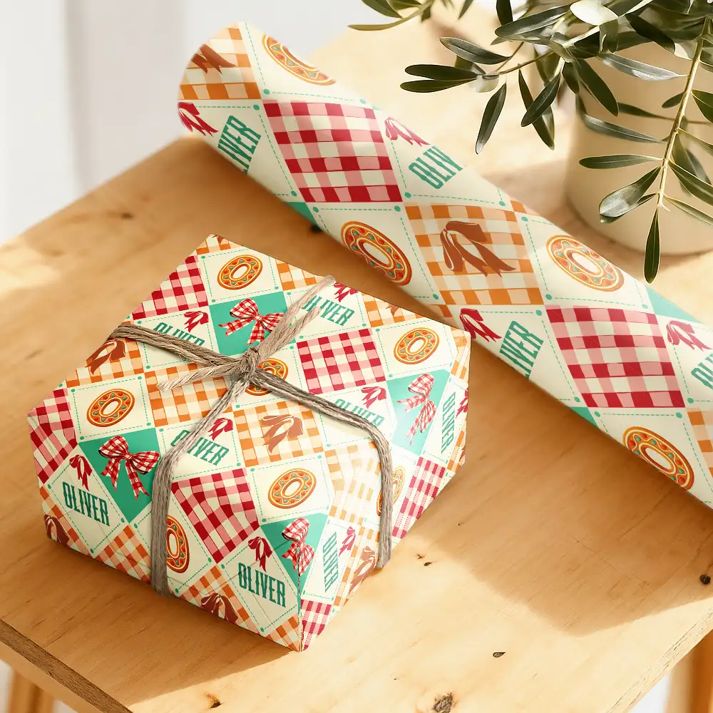 Gingerbread Initial Custom Name With Bow And Plaid - Personalized Wrapping Paper
