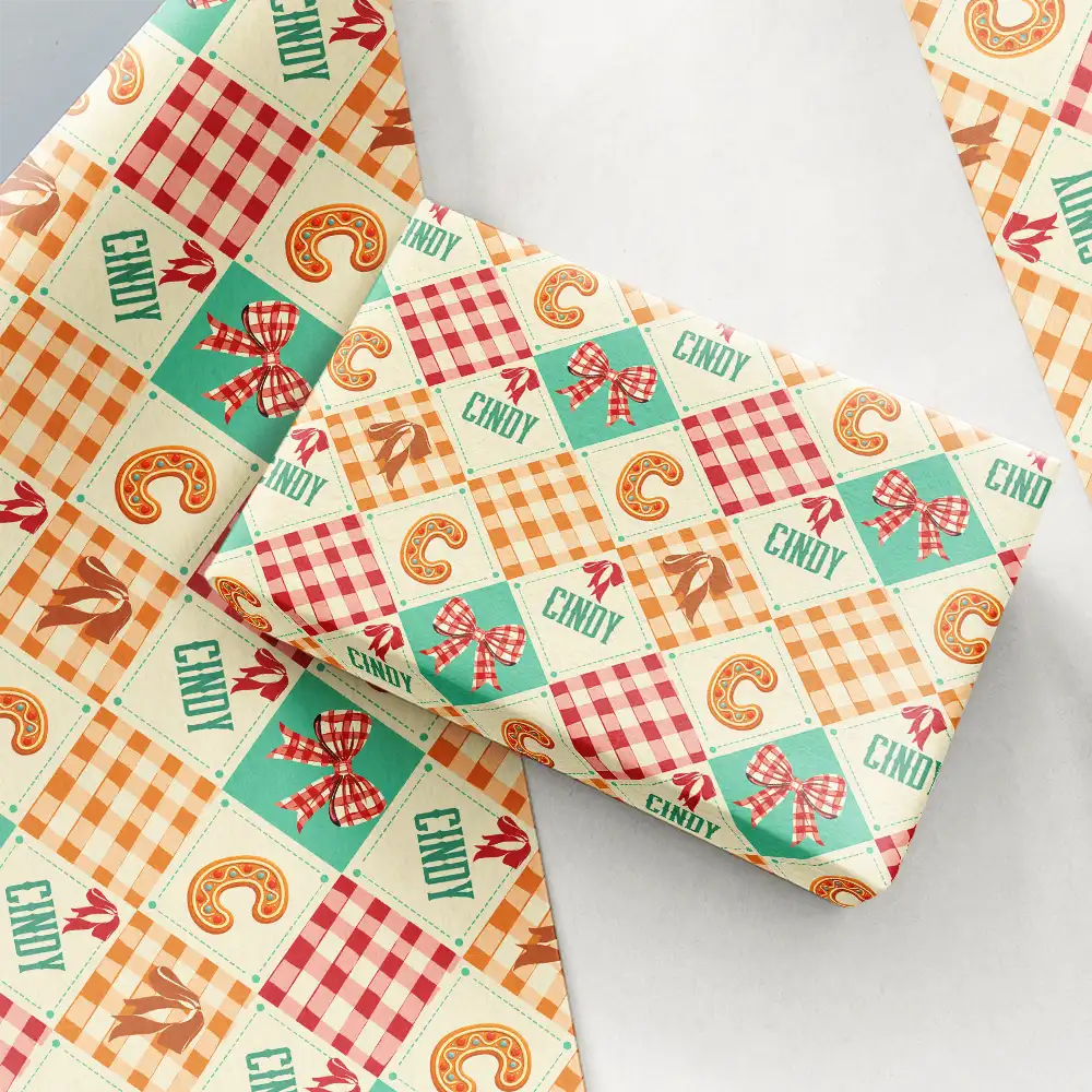 Gingerbread Initial Custom Name With Bow And Plaid - Personalized Wrapping Paper