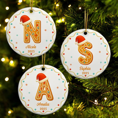 Gingerbread Letters With Santa Hat 2025 - Personalized Circle Acrylic Ornament