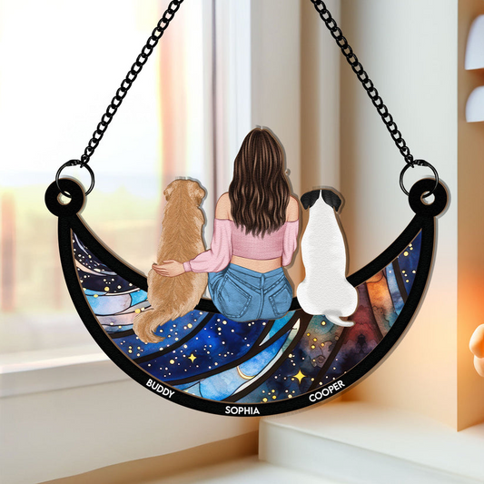 Girl And Dog Sitting On The Moon - Personalized Window Hanging Suncatcher Ornament