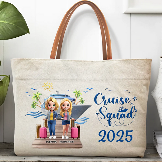 Girls Trip Bestie Traveling Cruising - Personalized Leather Handle Tote Bag