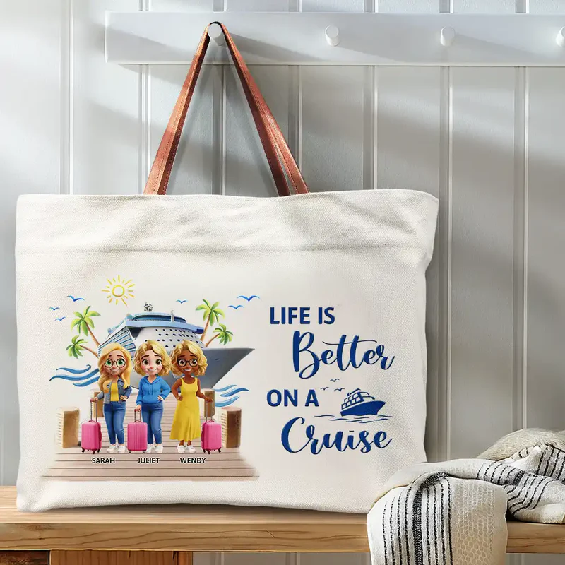 Girls Trip Bestie Traveling Cruising - Personalized Leather Handle Tote Bag