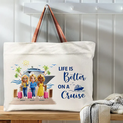 Girls Trip Bestie Traveling Cruising - Personalized Leather Handle Tote Bag