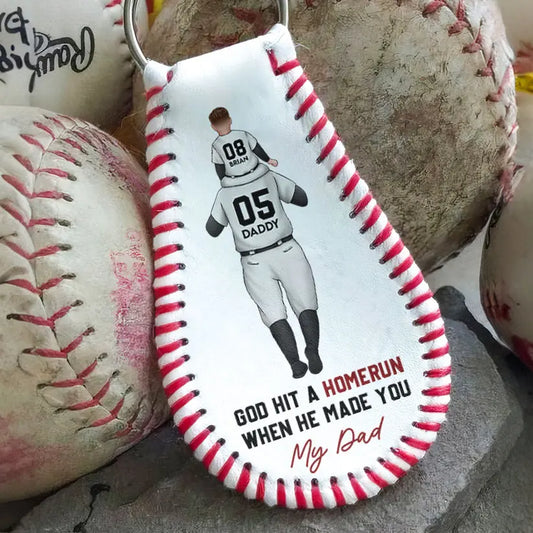 God Hit A Homerun When He Made You My Dad - Personalized Leather Baseball Keychain Keychain The Next Custom Gift