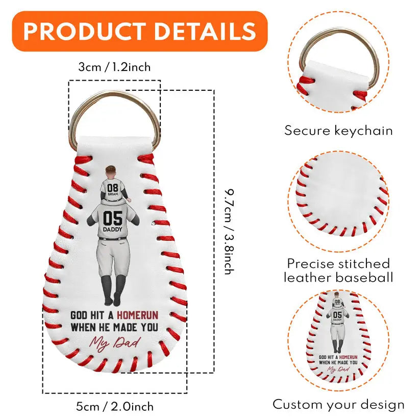 God Hit A Homerun When He Made You My Dad - Personalized Leather Baseball Keychain Keychain The Next Custom Gift