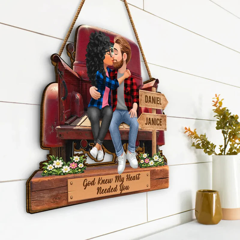 God Blessed The Broken Road Flannel Couple - Personalized Custom Shaped Wood Sign