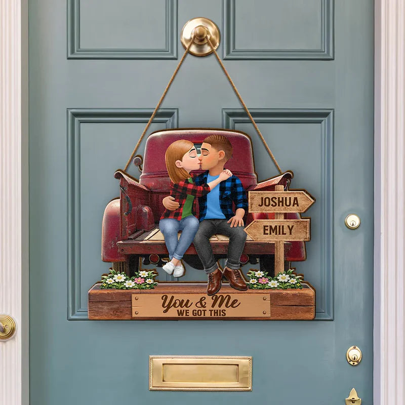 God Blessed The Broken Road Flannel Couple - Personalized Custom Shaped Wood Sign