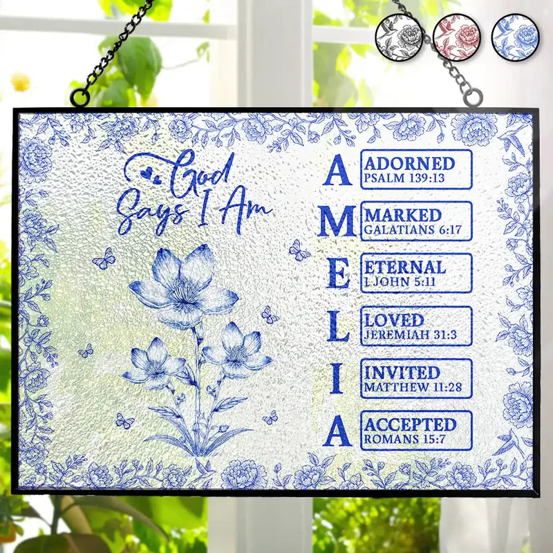 God Says I Am Toile De Jouy Flower - Personalized Horizontal Stained Glass Suncatcher