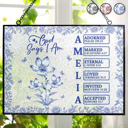 God Says I Am Toile De Jouy Flower - Personalized Horizontal Stained Glass Suncatcher