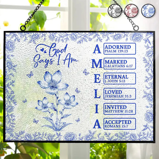 God Says I Am Toile De Jouy Flower - Personalized Horizontal Stained Glass Suncatcher