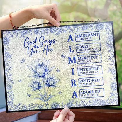 God Says I Am Toile De Jouy Flower - Personalized Horizontal Stained Glass Suncatcher