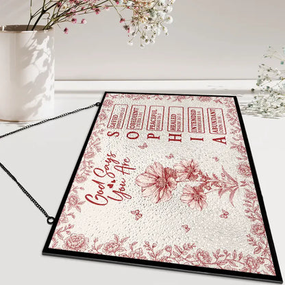 God Says I Am Toile De Jouy Flower - Personalized Horizontal Stained Glass Suncatcher