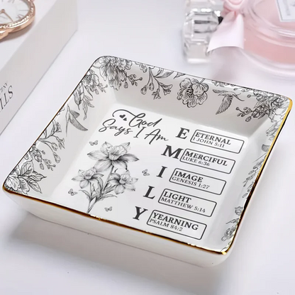God Says I Am Toile De Jouy Flower - Personalized Ring Dish