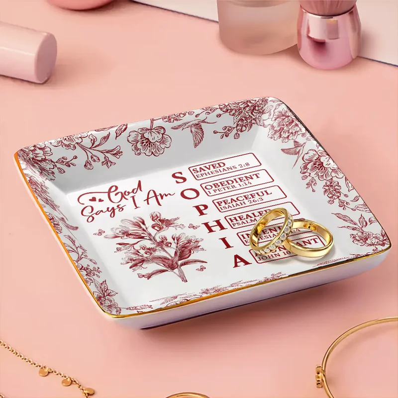 God Says I Am Toile De Jouy Flower - Personalized Ring Dish