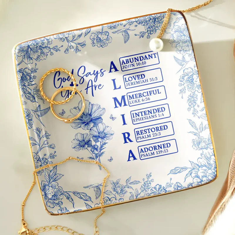 God Says I Am Toile De Jouy Flower - Personalized Ring Dish