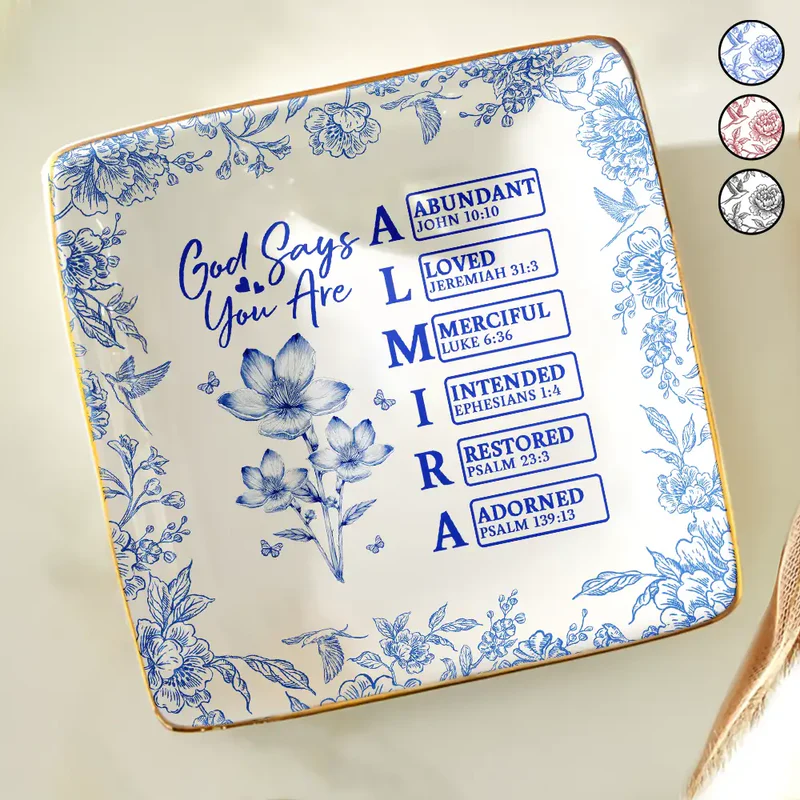 God Says I Am Toile De Jouy Flower - Personalized Ring Dish