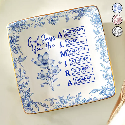 God Says I Am Toile De Jouy Flower - Personalized Ring Dish