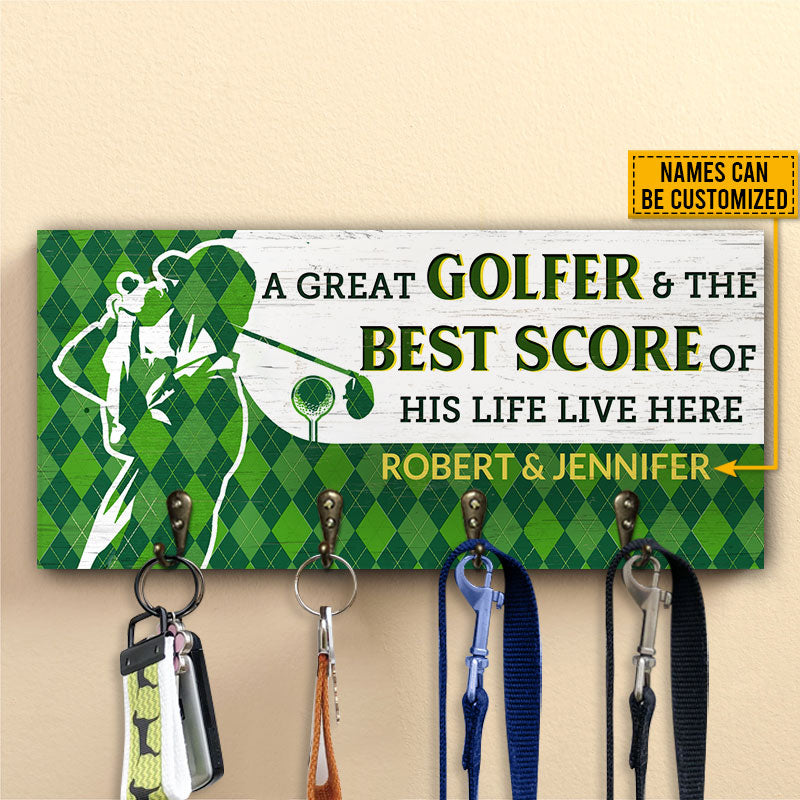 Golf Couple Golfer Best Score Live Here Personalized Custom Wood Key Holder